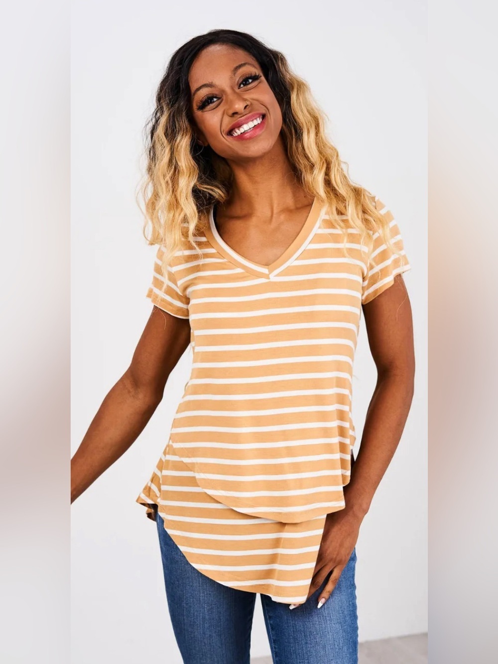 NEW in Plastic Latched Mama Striped V-Neck Short Sleeve Easy Access Nursing Top